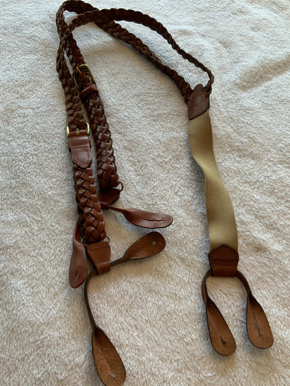 Brown Braided Leather Button-On Suspenders. SKU 3005